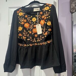 Savannah Jane Black Top with Orange Floral Embroidery
